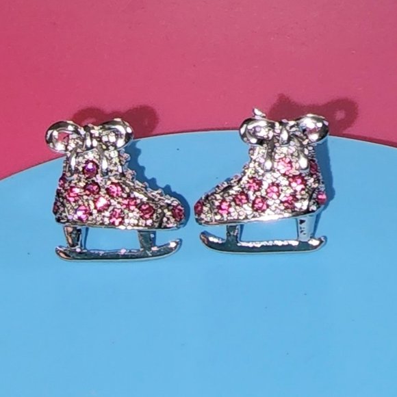 Ice Skates Earring PINK/Post/Shoe-Boot Charm Earring/Pink Rhinestone Crystal - Picture 4 of 11
